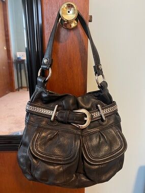 B Markowsky Black Leather Shoulder Bag with Rhinestone Belt Accent